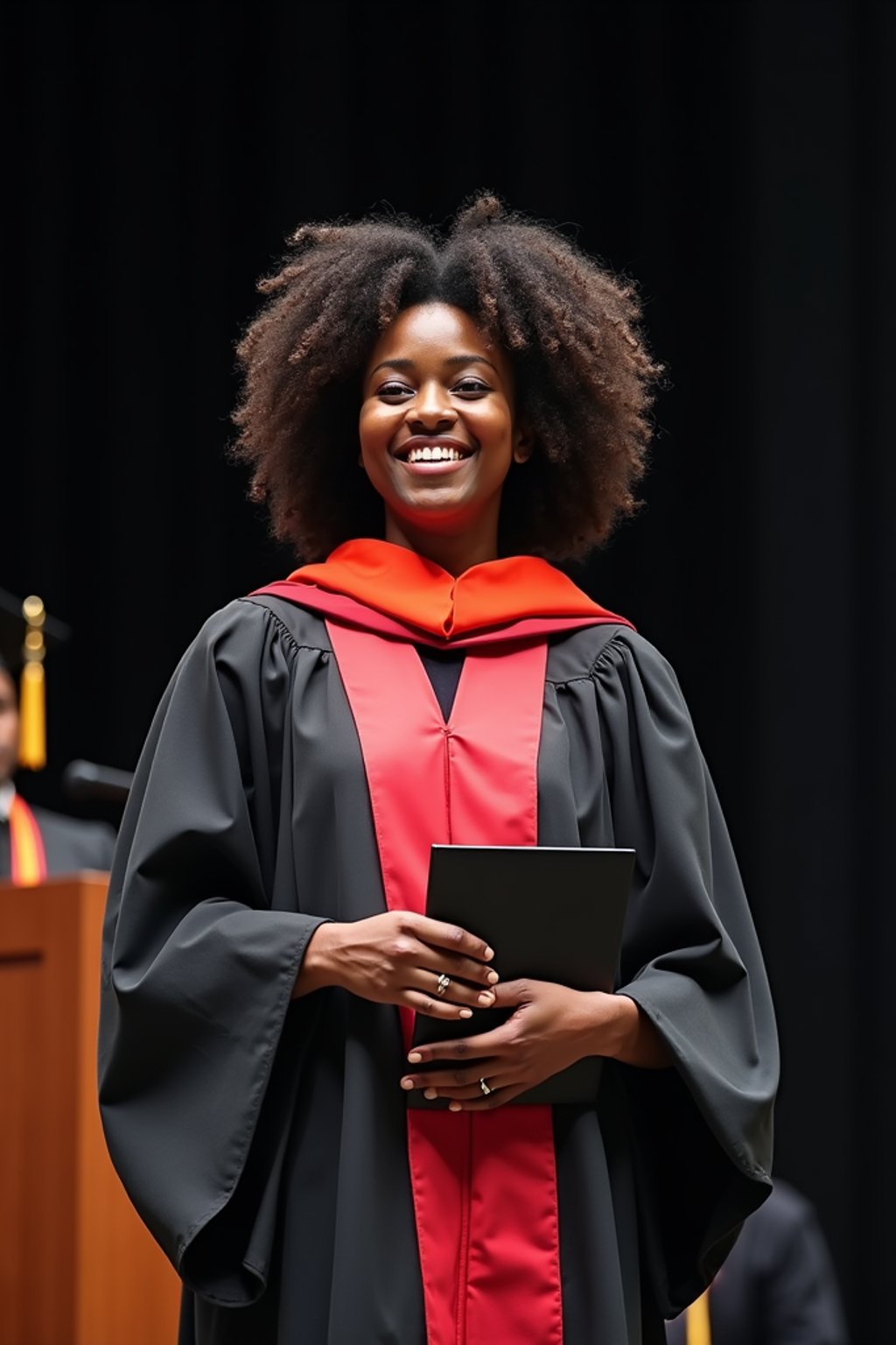 a graduate woman in their academic gown at stage to receive their diploma