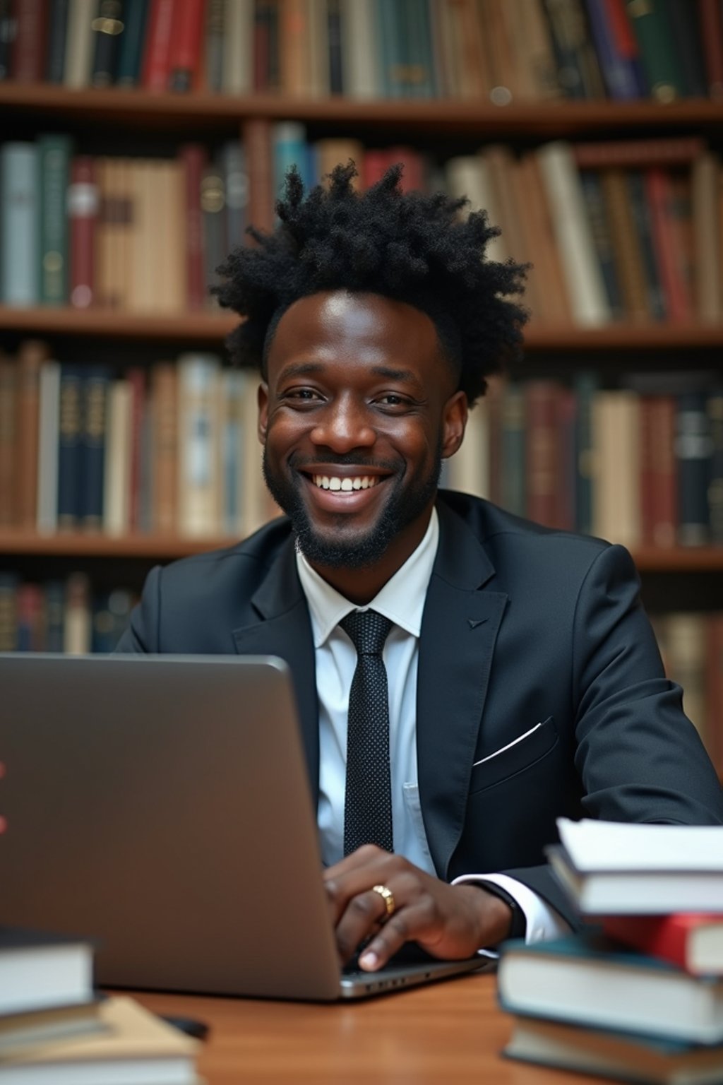 a graduate man surrounded by books and a laptop in unversity