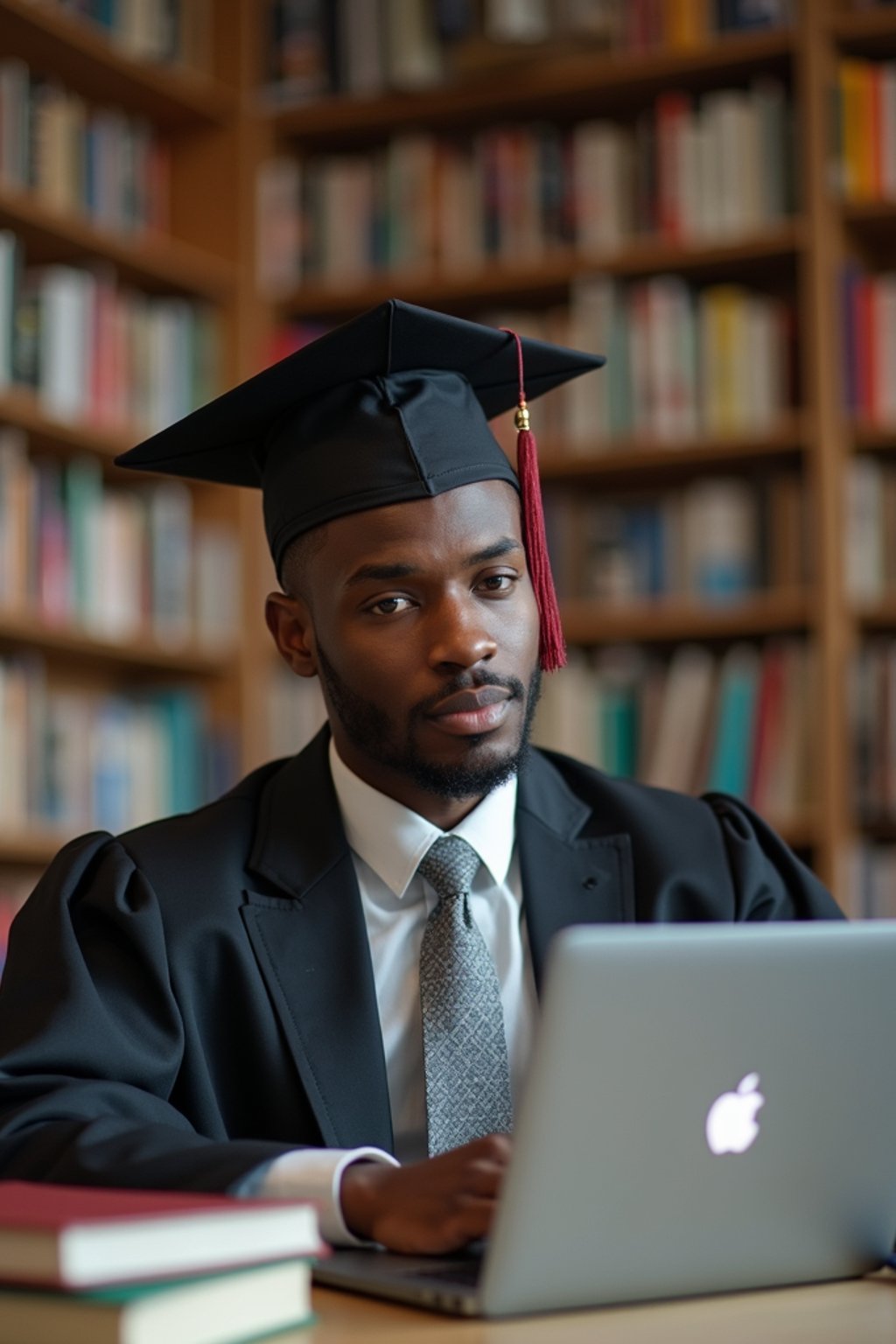 a graduate man surrounded by books and a laptop in unversity