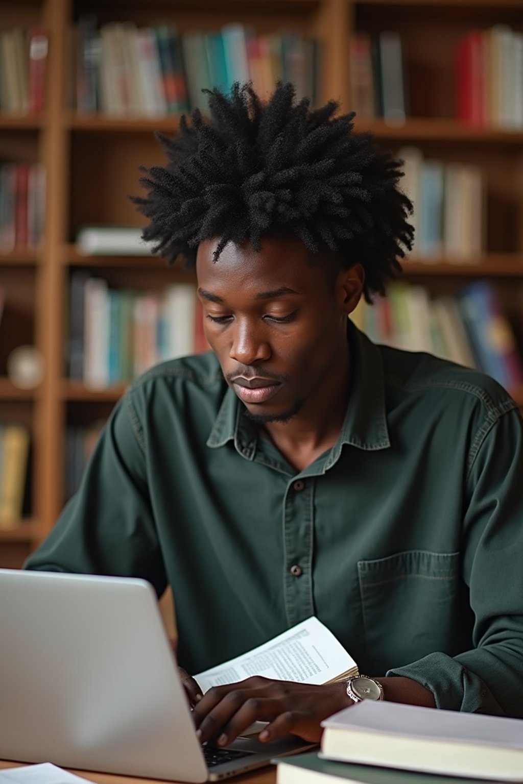 a graduate man surrounded by books and a laptop in unversity