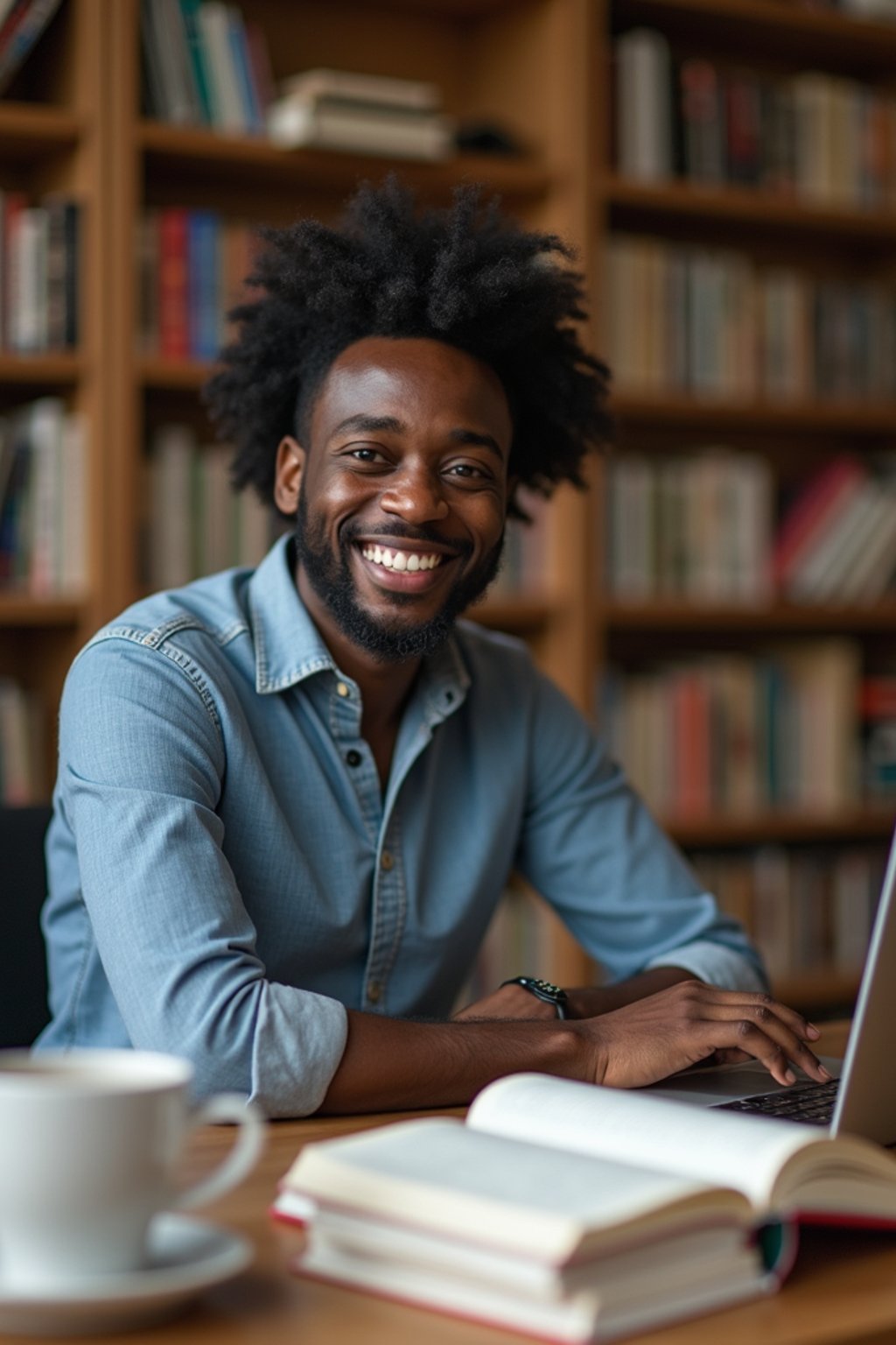 a graduate man surrounded by books and a laptop in unversity