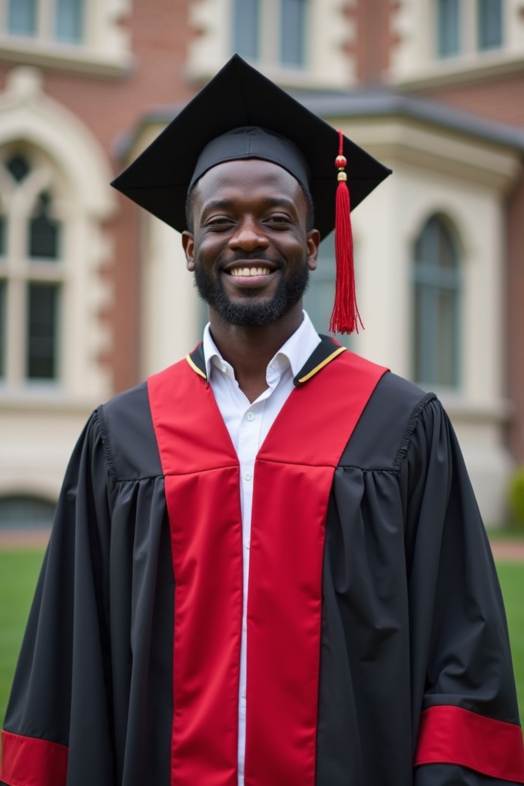 a graduate man in their academic regalia, standing in front of their university building