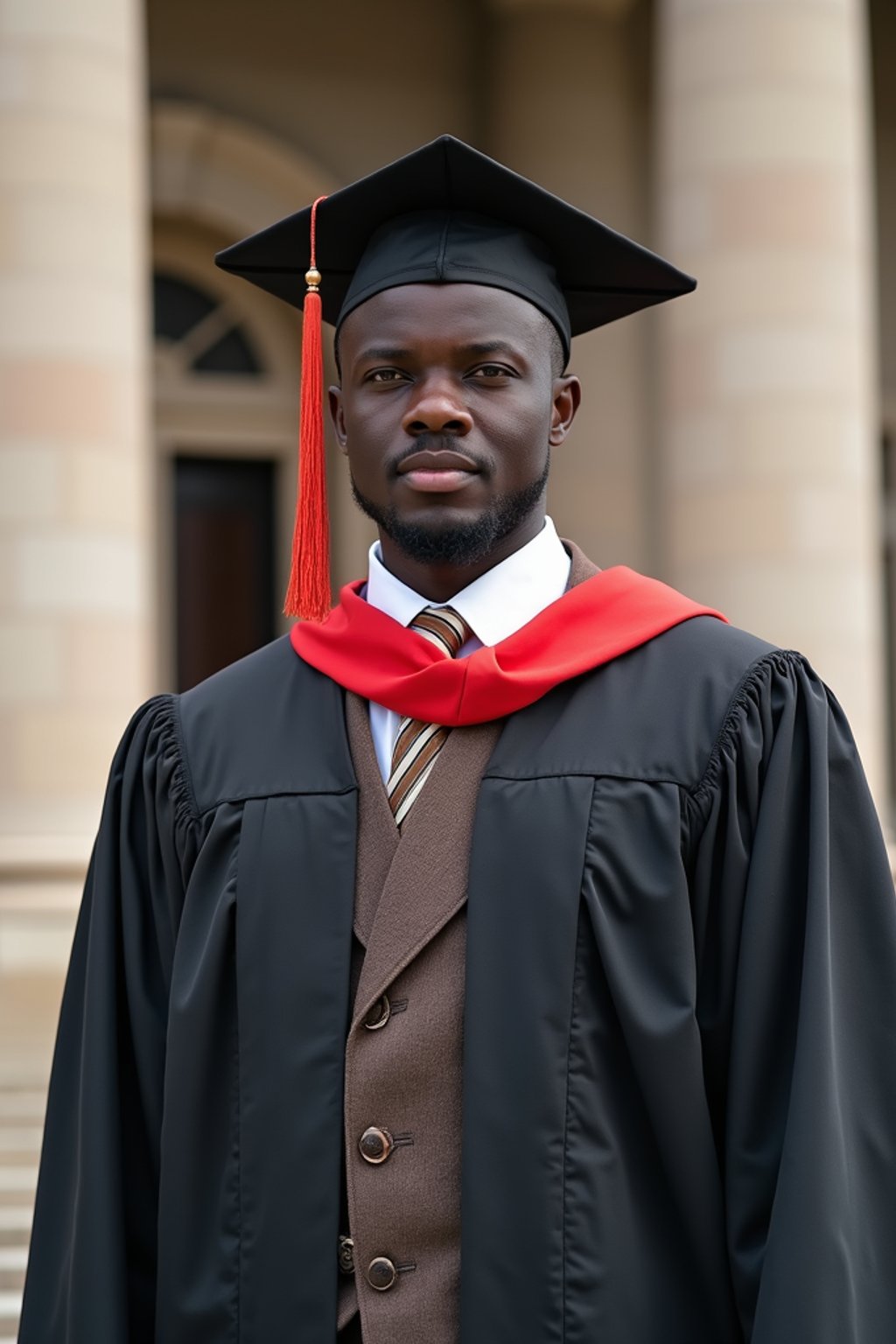 a graduate man in their academic regalia, standing in front of their university building