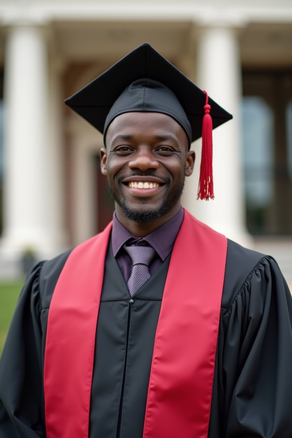 a graduate man in their academic regalia, standing in front of their university building