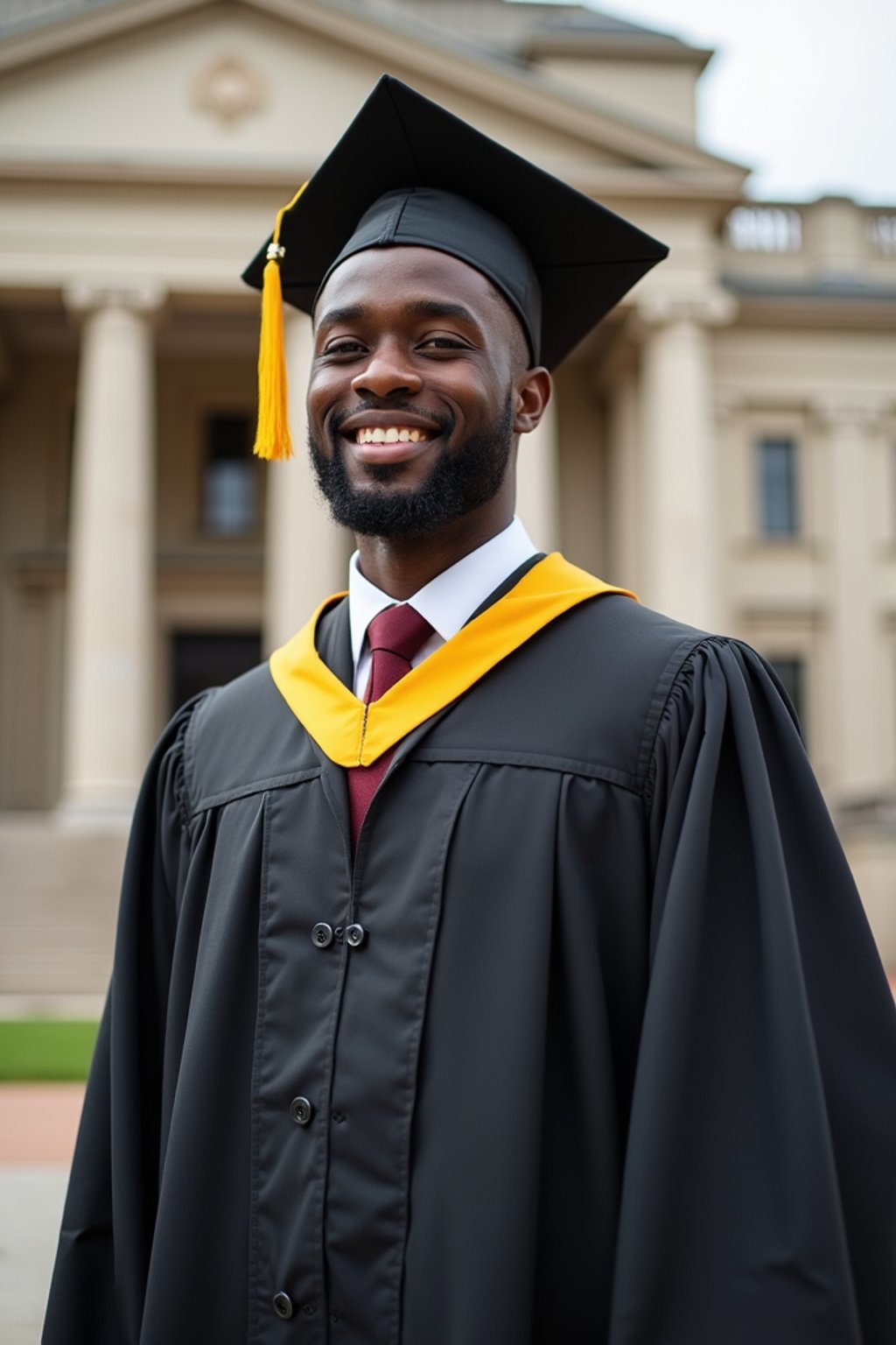 a graduate man in their academic regalia, standing in front of their university building