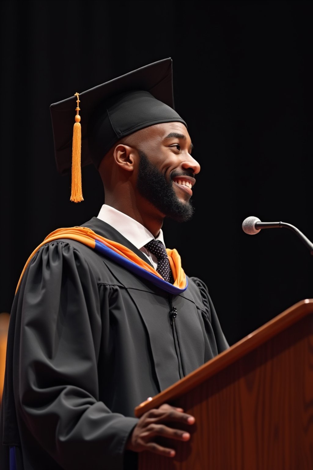 a graduate man in their academic gown at stage to receive their diploma