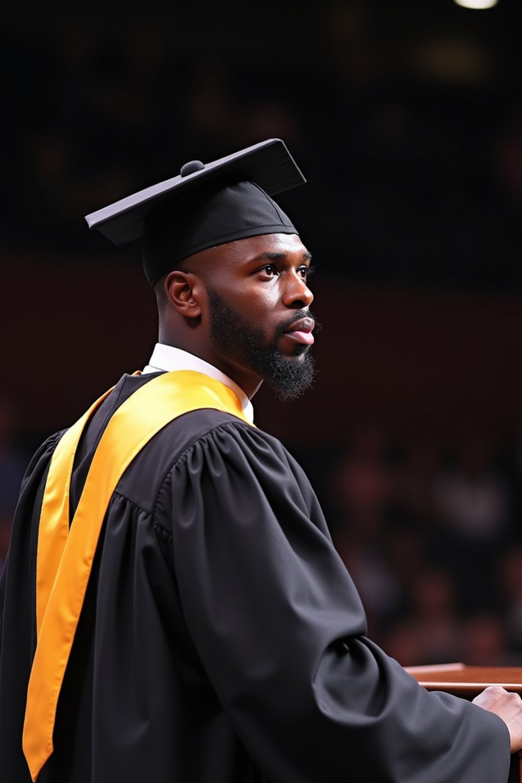 a graduate man in their academic gown at stage to receive their diploma