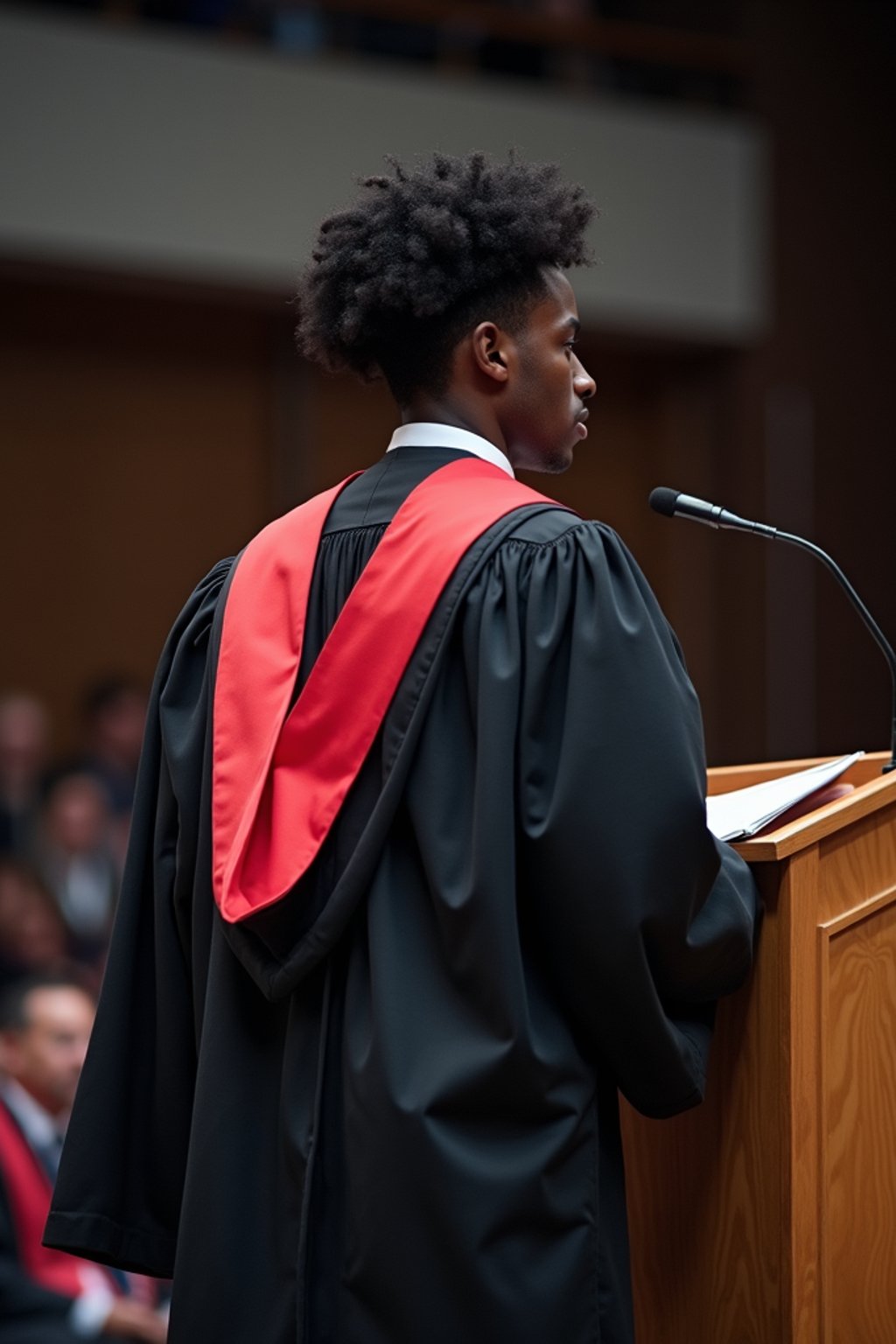 a graduate man in their academic gown at stage to receive their diploma