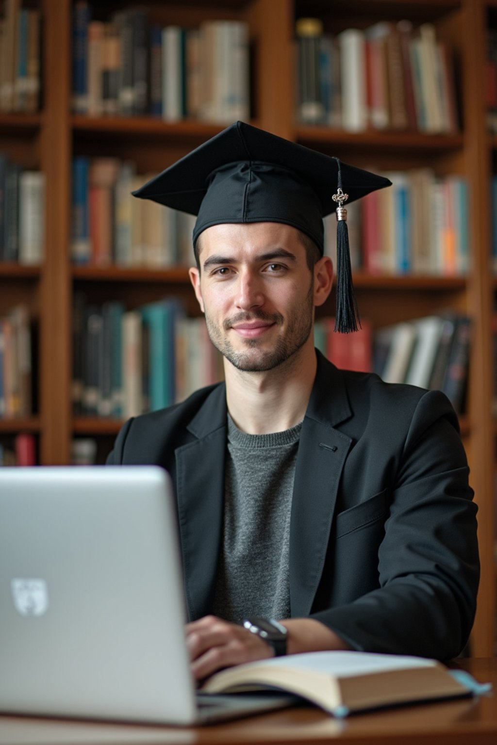 a graduate man surrounded by books and a laptop in unversity