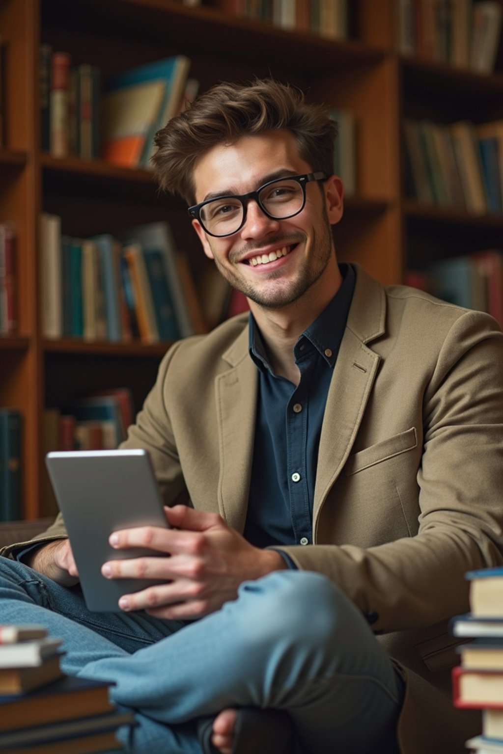 a graduate man surrounded by books and a laptop in unversity