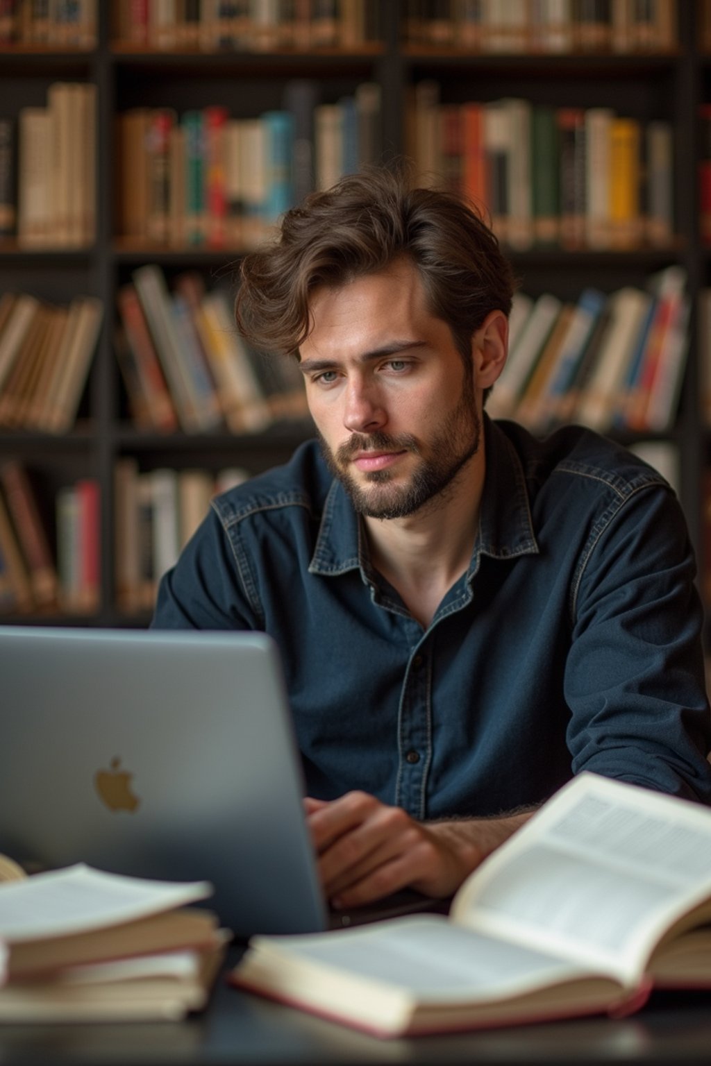 a graduate man surrounded by books and a laptop in unversity