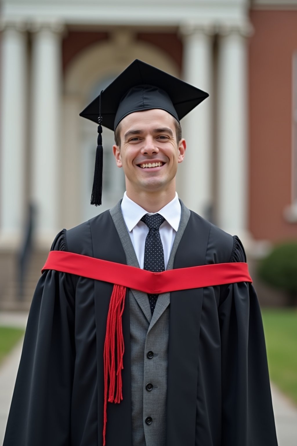 a graduate man in their academic regalia, standing in front of their university building