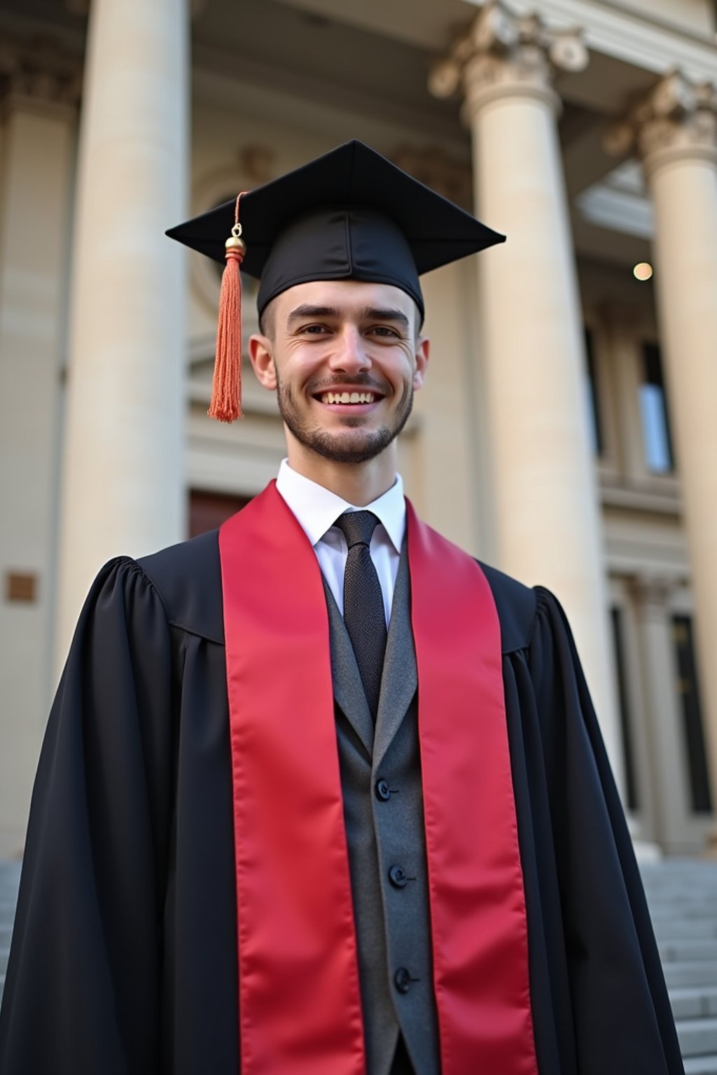 a graduate man in their academic regalia, standing in front of their university building