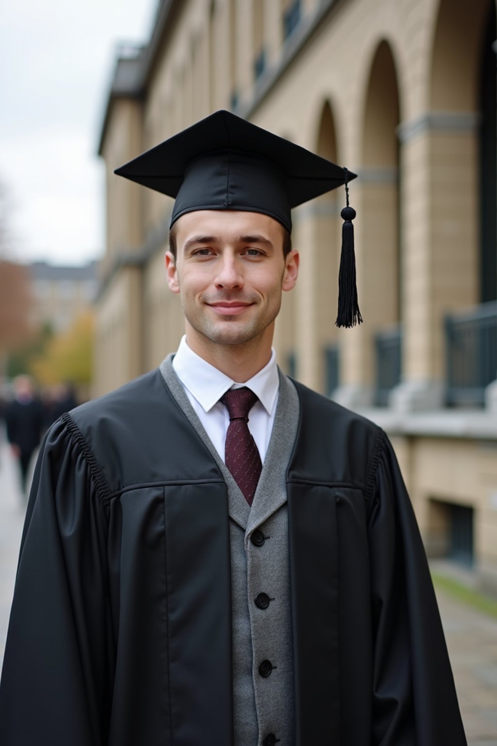 a graduate man in their academic regalia, standing in front of their university building