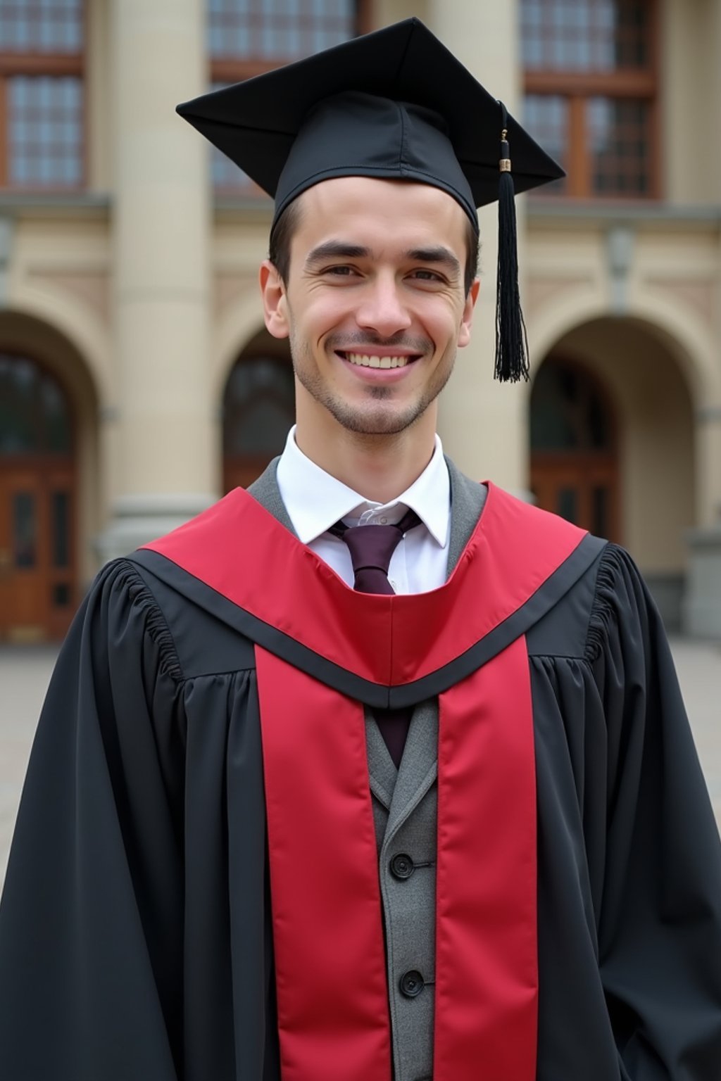 a graduate man in their academic regalia, standing in front of their university building