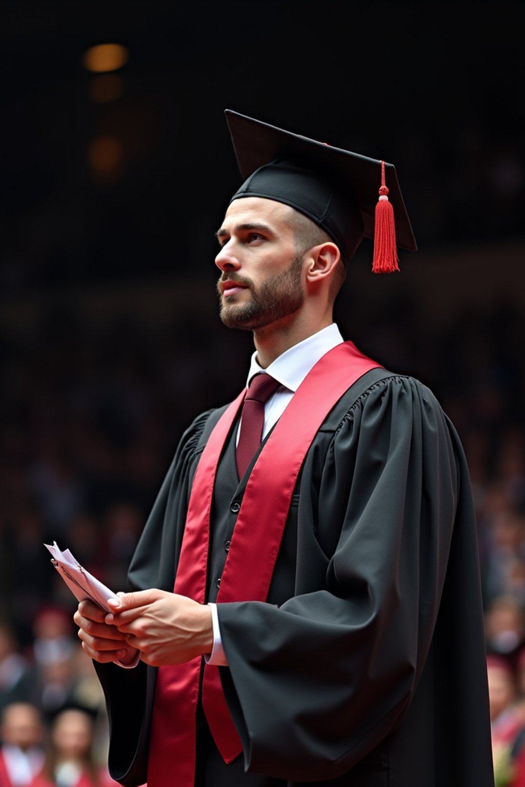 a graduate man in their academic gown at stage to receive their diploma