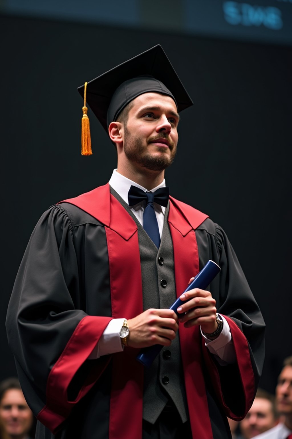 a graduate man in their academic gown at stage to receive their diploma