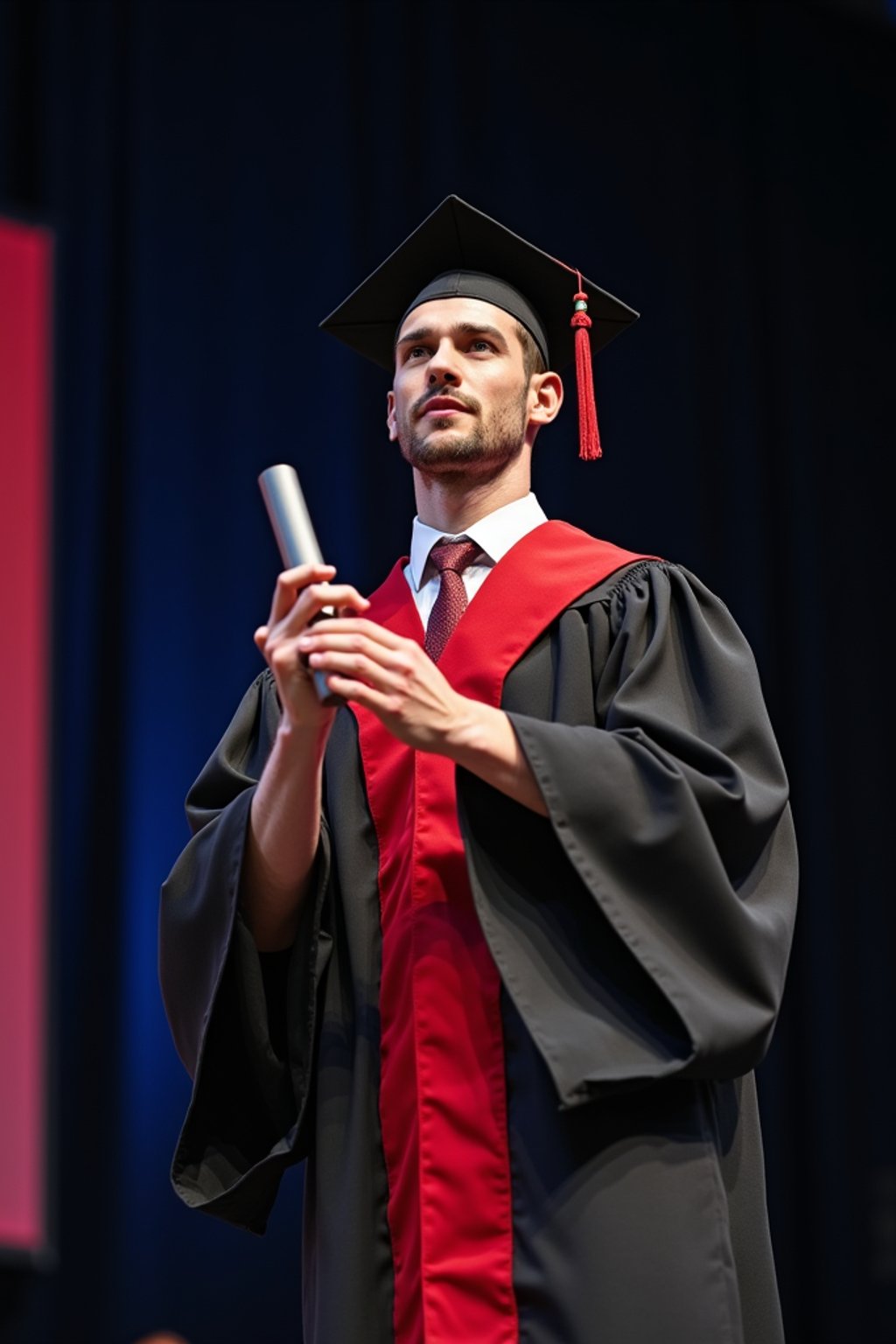 a graduate man in their academic gown at stage to receive their diploma