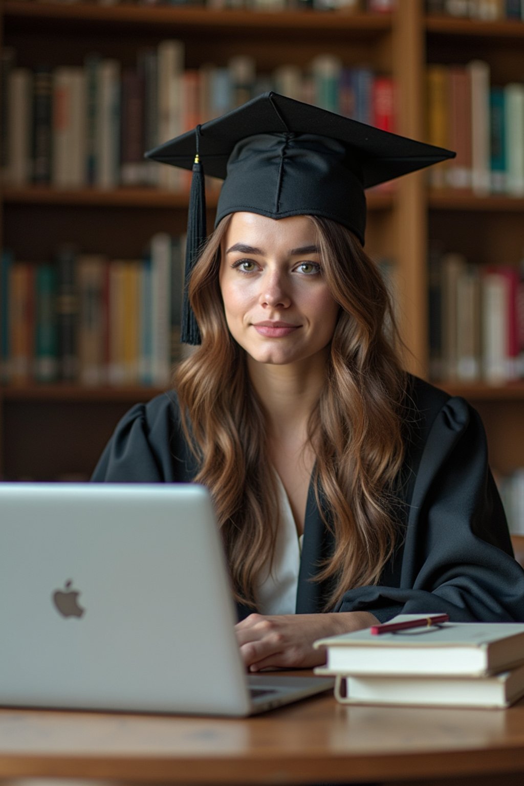 a graduate woman surrounded by books and a laptop in unversity