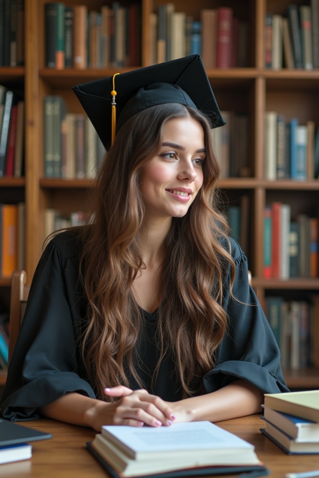 a graduate woman surrounded by books and a laptop in unversity