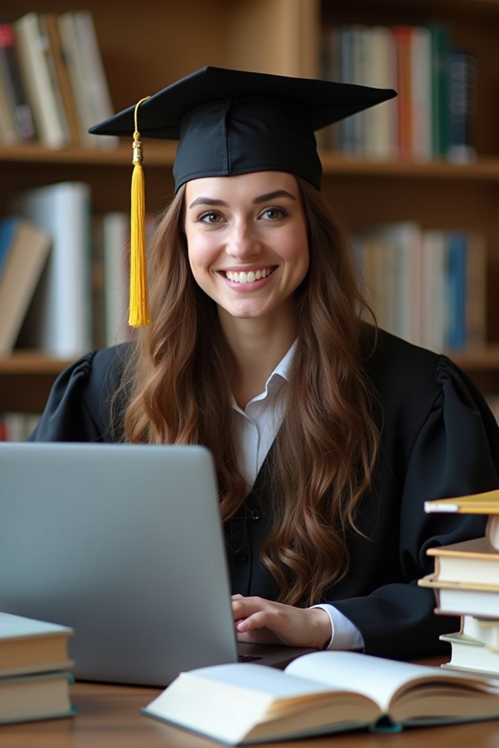 a graduate woman surrounded by books and a laptop in unversity