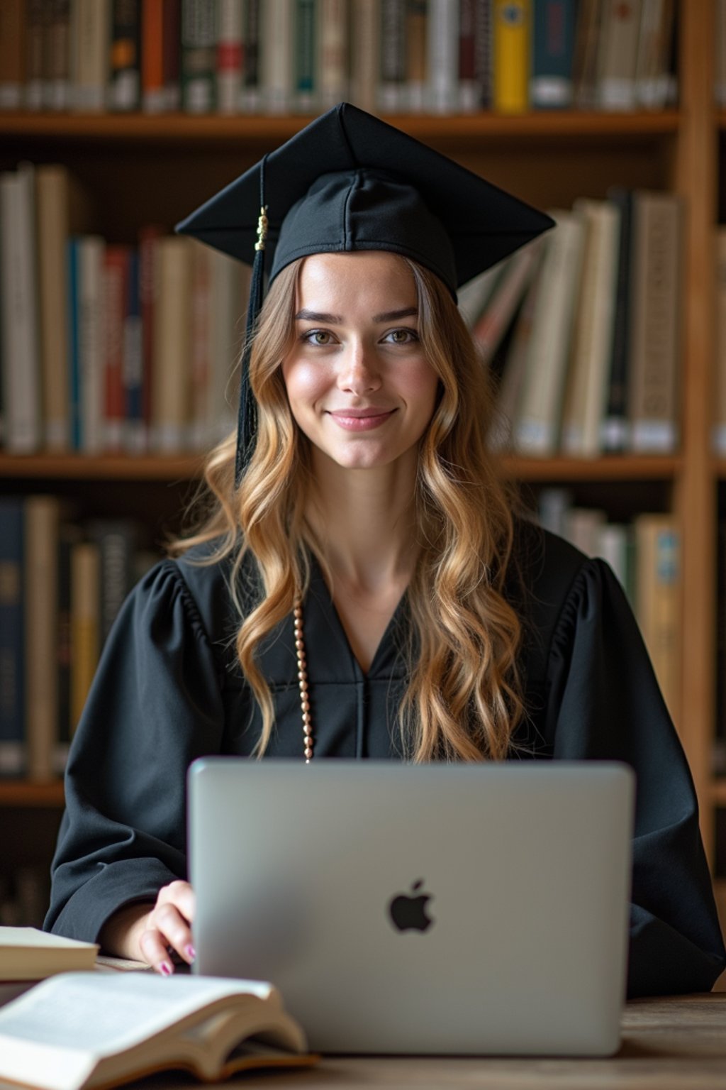 a graduate woman surrounded by books and a laptop in unversity