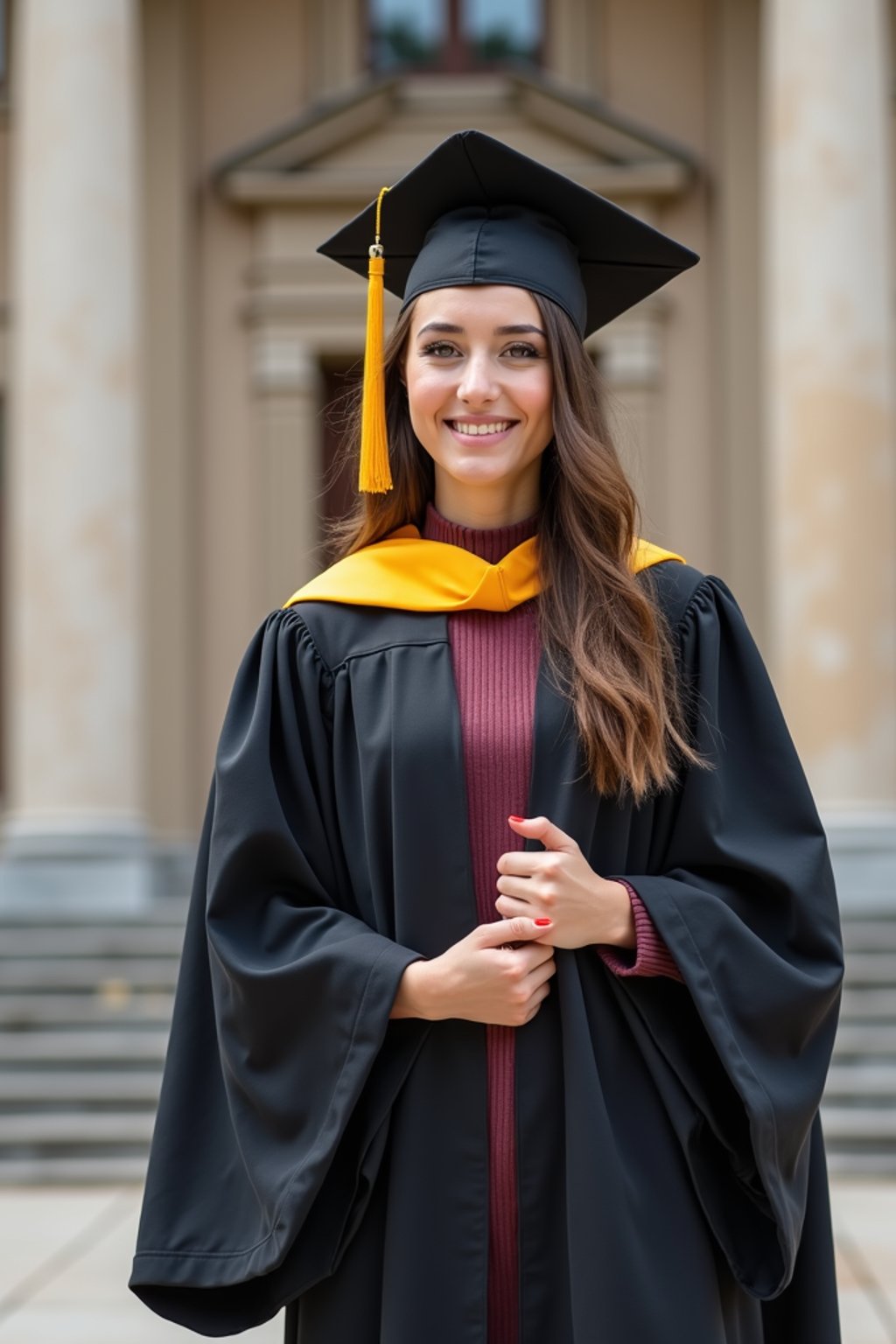 a graduate woman in their academic regalia, standing in front of their university building