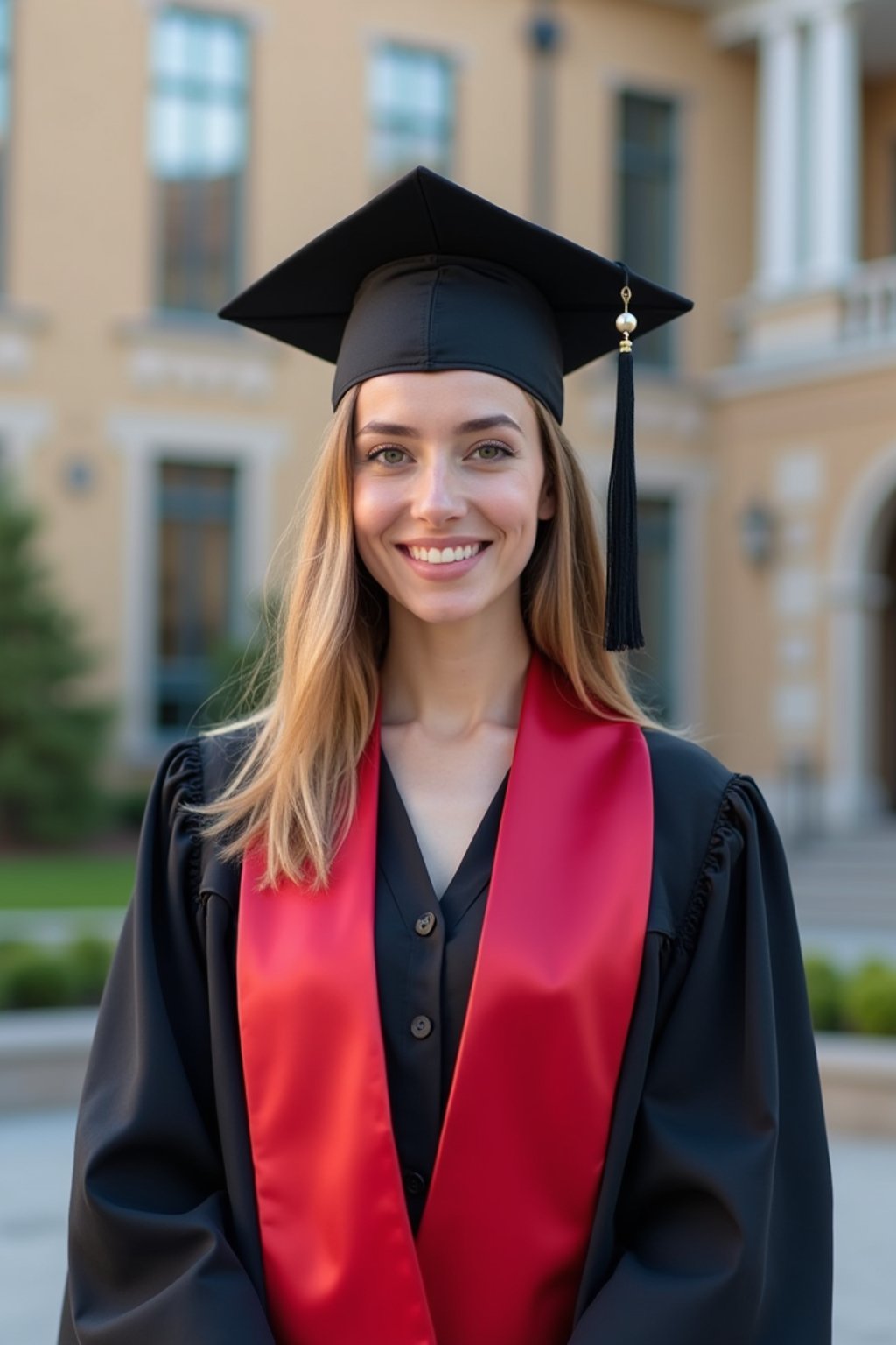 a graduate woman in their academic regalia, standing in front of their university building