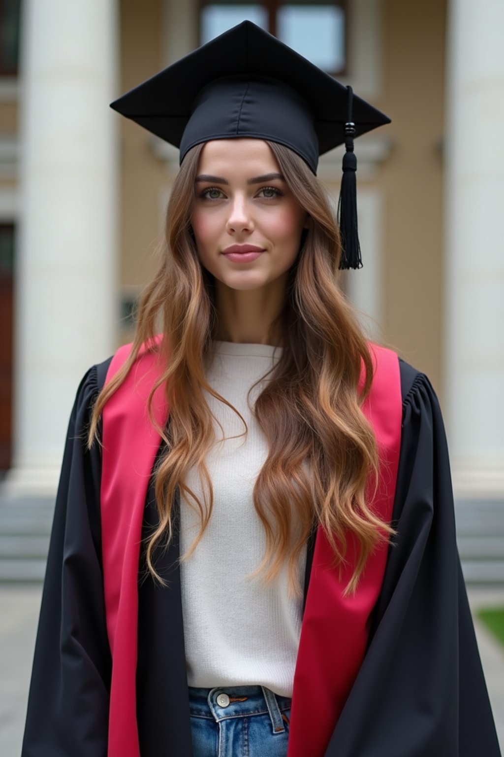 a graduate woman in their academic regalia, standing in front of their university building