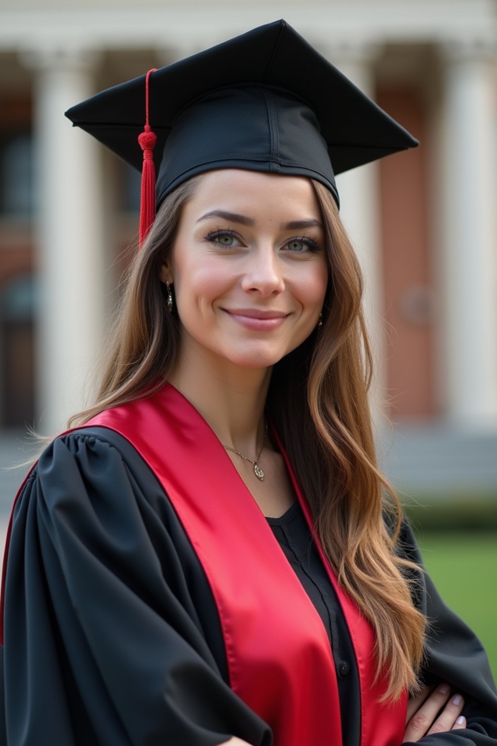 a graduate woman in their academic regalia, standing in front of their university building