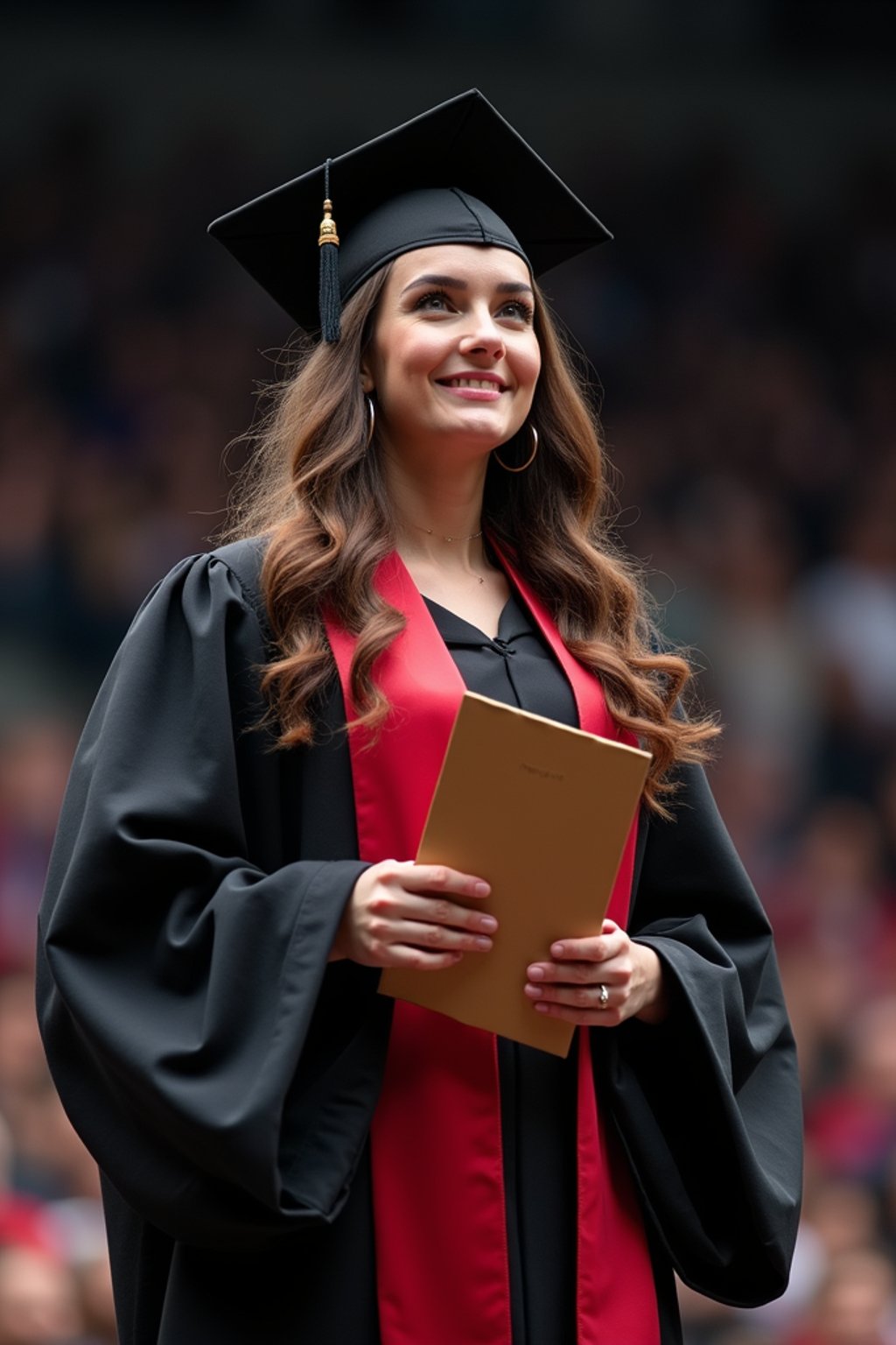 a graduate woman in their academic gown at stage to receive their diploma