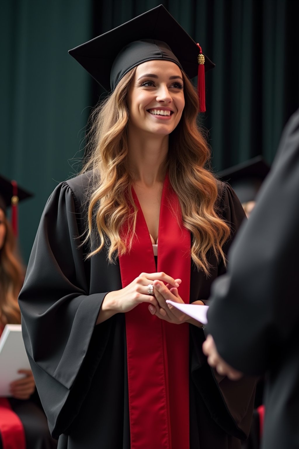 a graduate woman in their academic gown at stage to receive their diploma