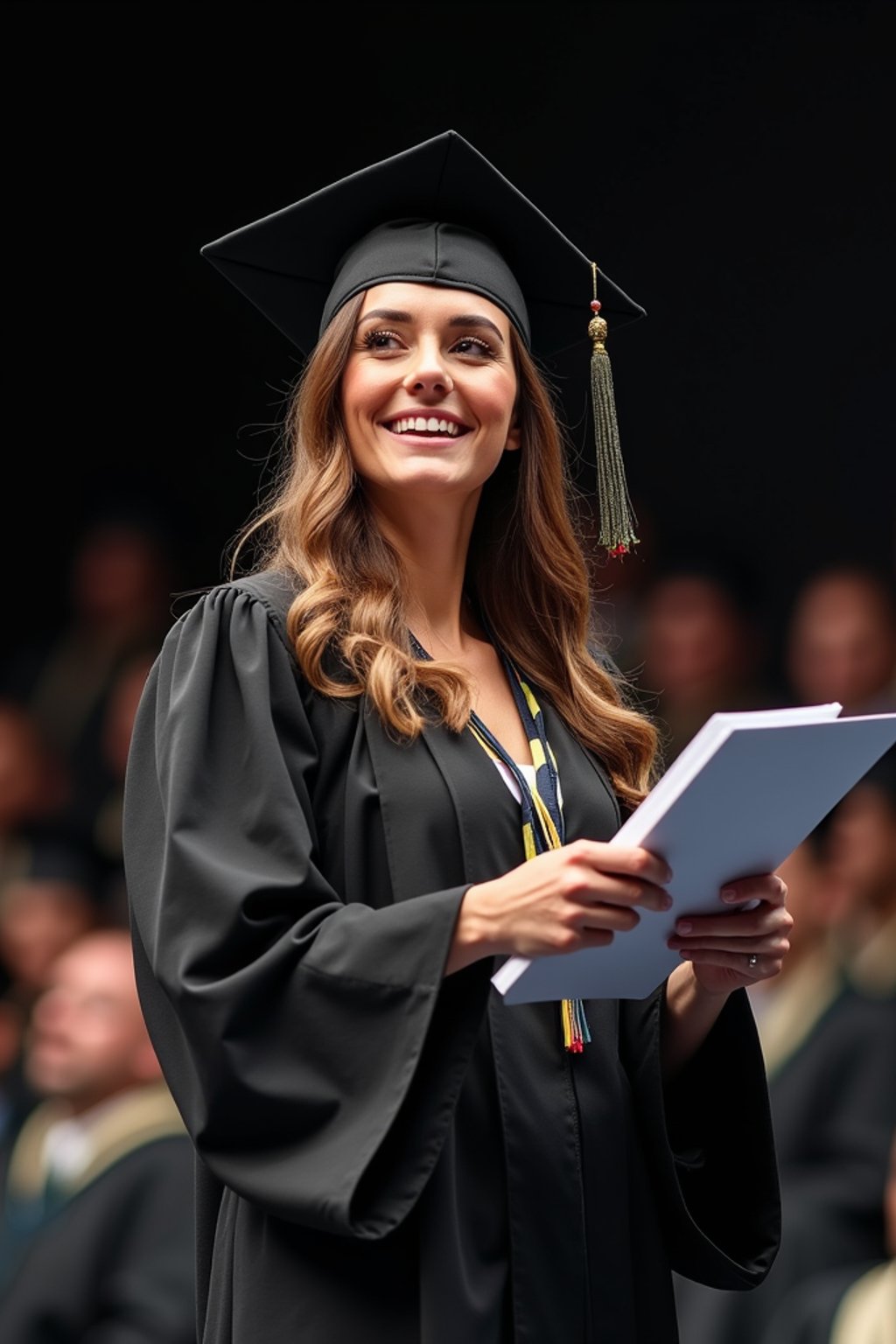 a graduate woman in their academic gown at stage to receive their diploma