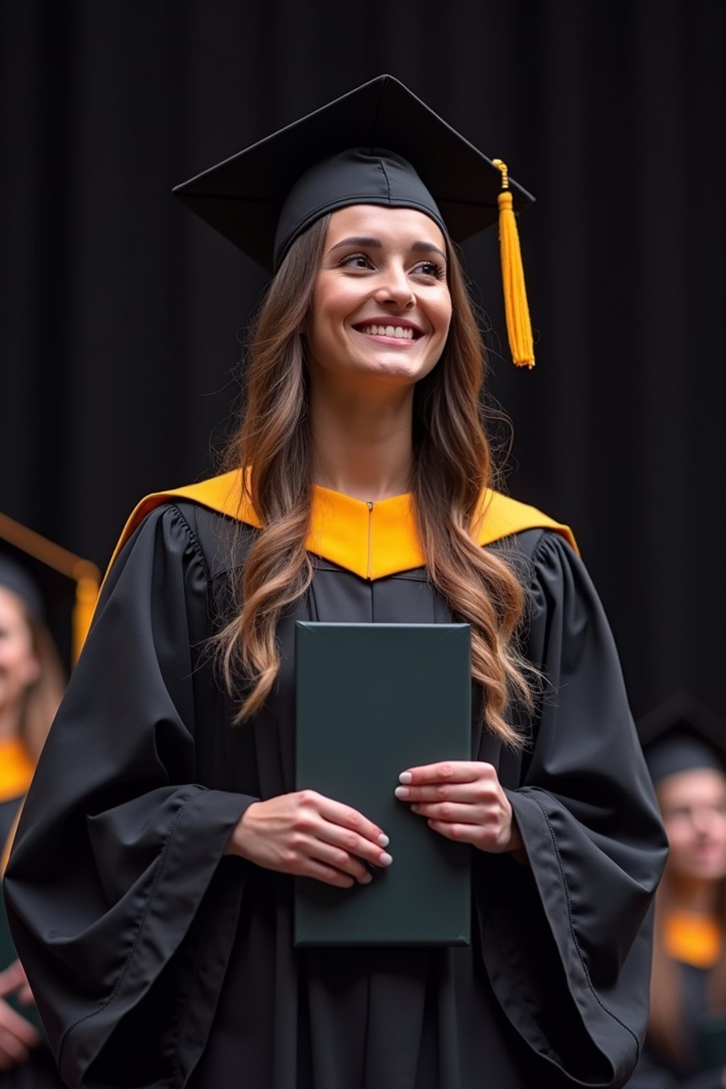 a graduate woman in their academic gown at stage to receive their diploma