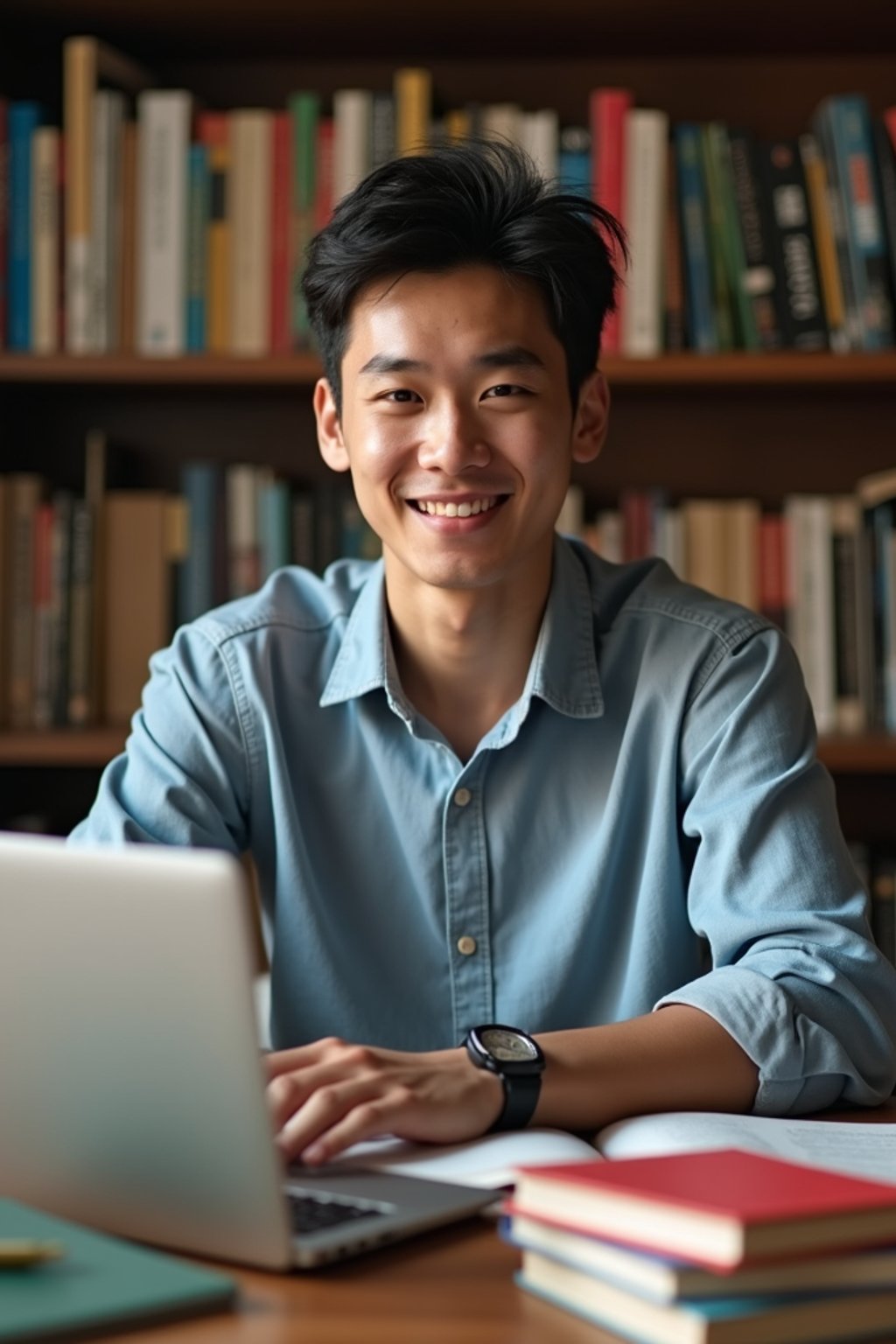 a graduate man surrounded by books and a laptop in unversity