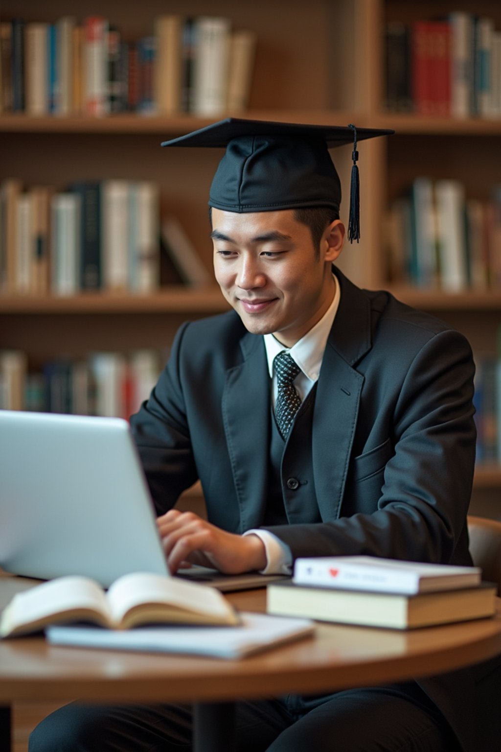 a graduate man surrounded by books and a laptop in unversity