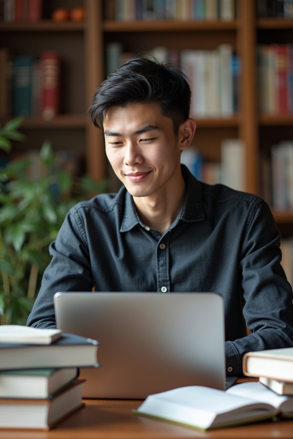 a graduate man surrounded by books and a laptop in unversity