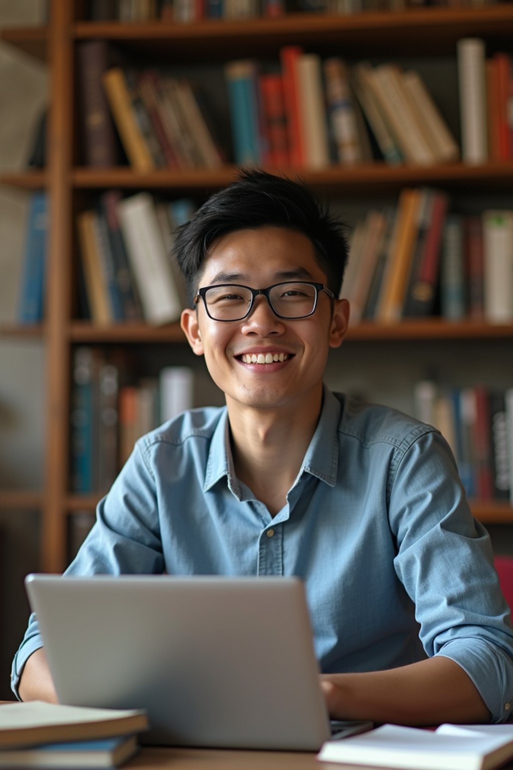 a graduate man surrounded by books and a laptop in unversity