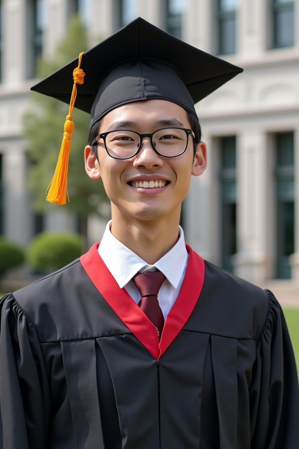 a graduate man in their academic regalia, standing in front of their university building