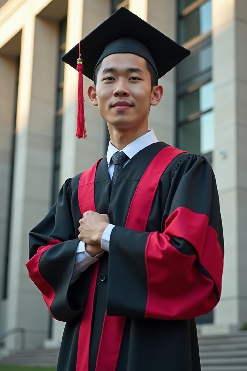 a graduate man in their academic regalia, standing in front of their university building