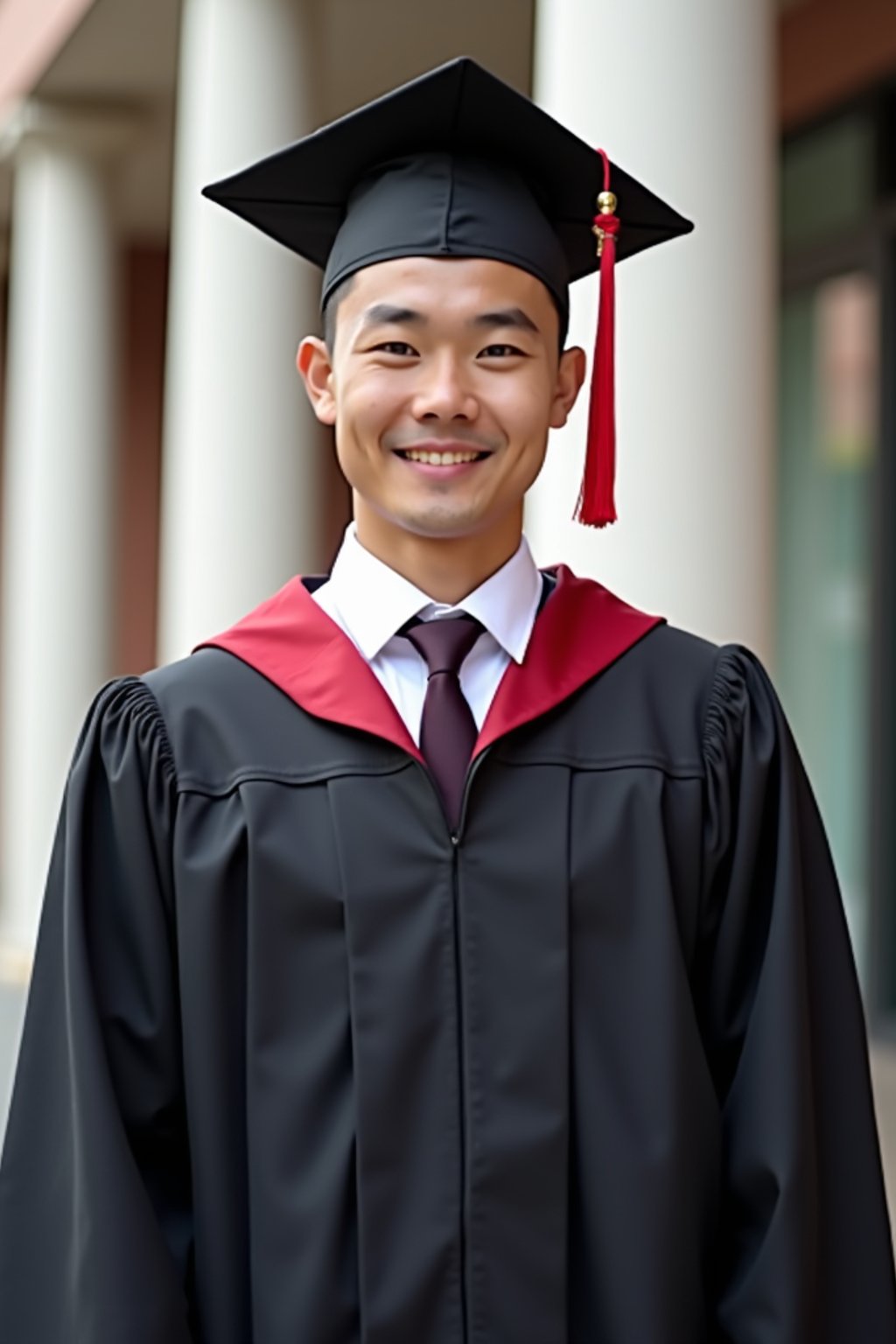 a graduate man in their academic regalia, standing in front of their university building