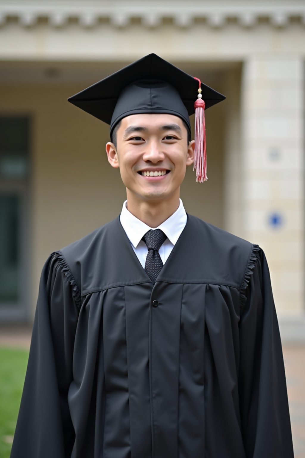 a graduate man in their academic regalia, standing in front of their university building