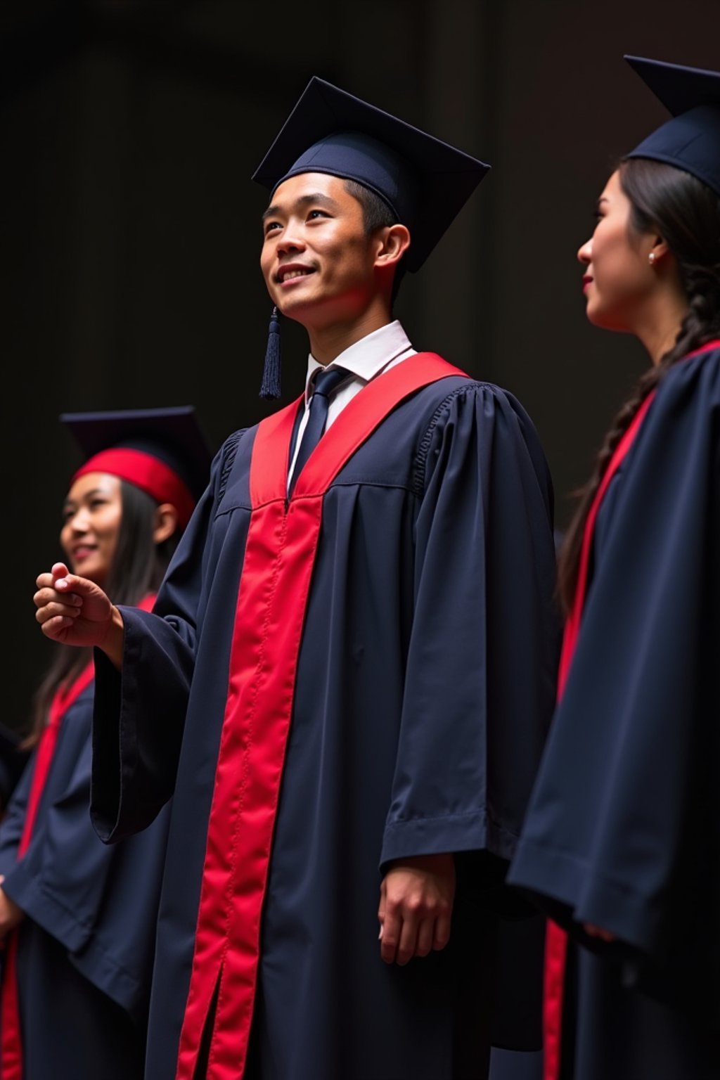 a graduate man in their academic gown at stage to receive their diploma