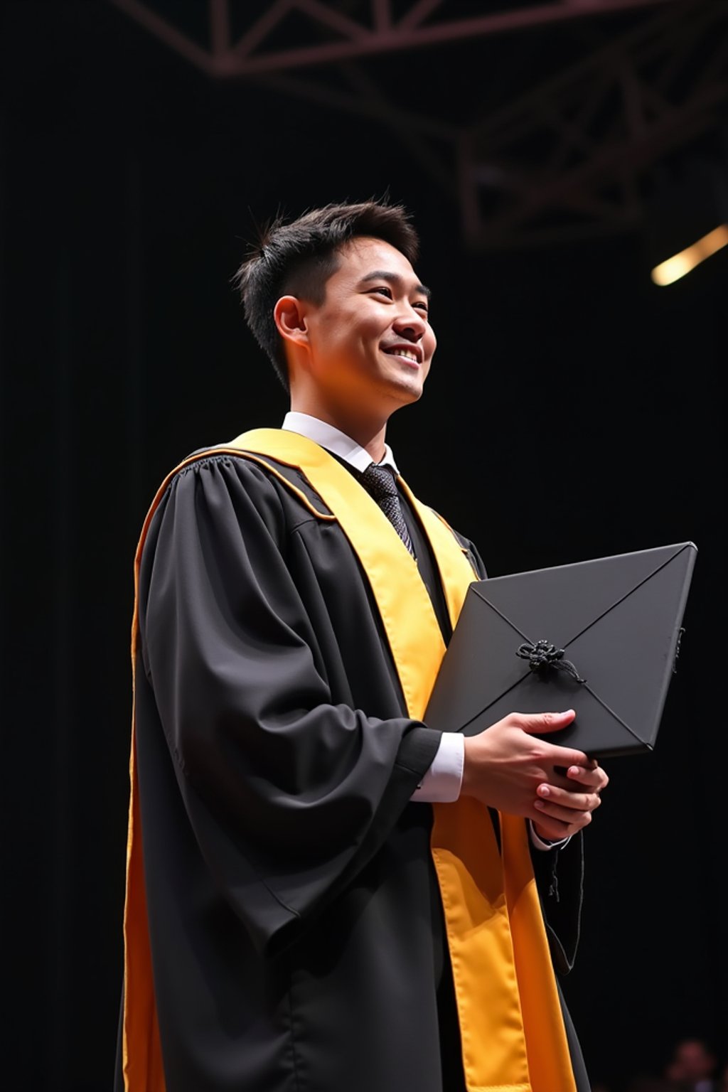 a graduate man in their academic gown at stage to receive their diploma