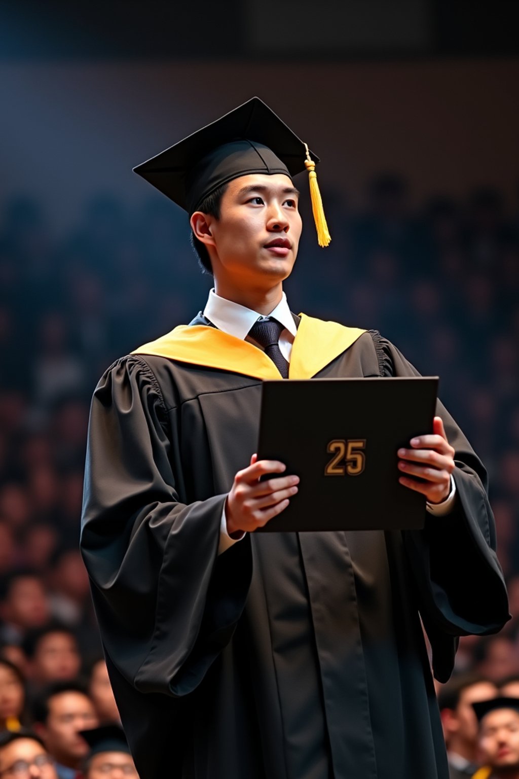 a graduate man in their academic gown at stage to receive their diploma