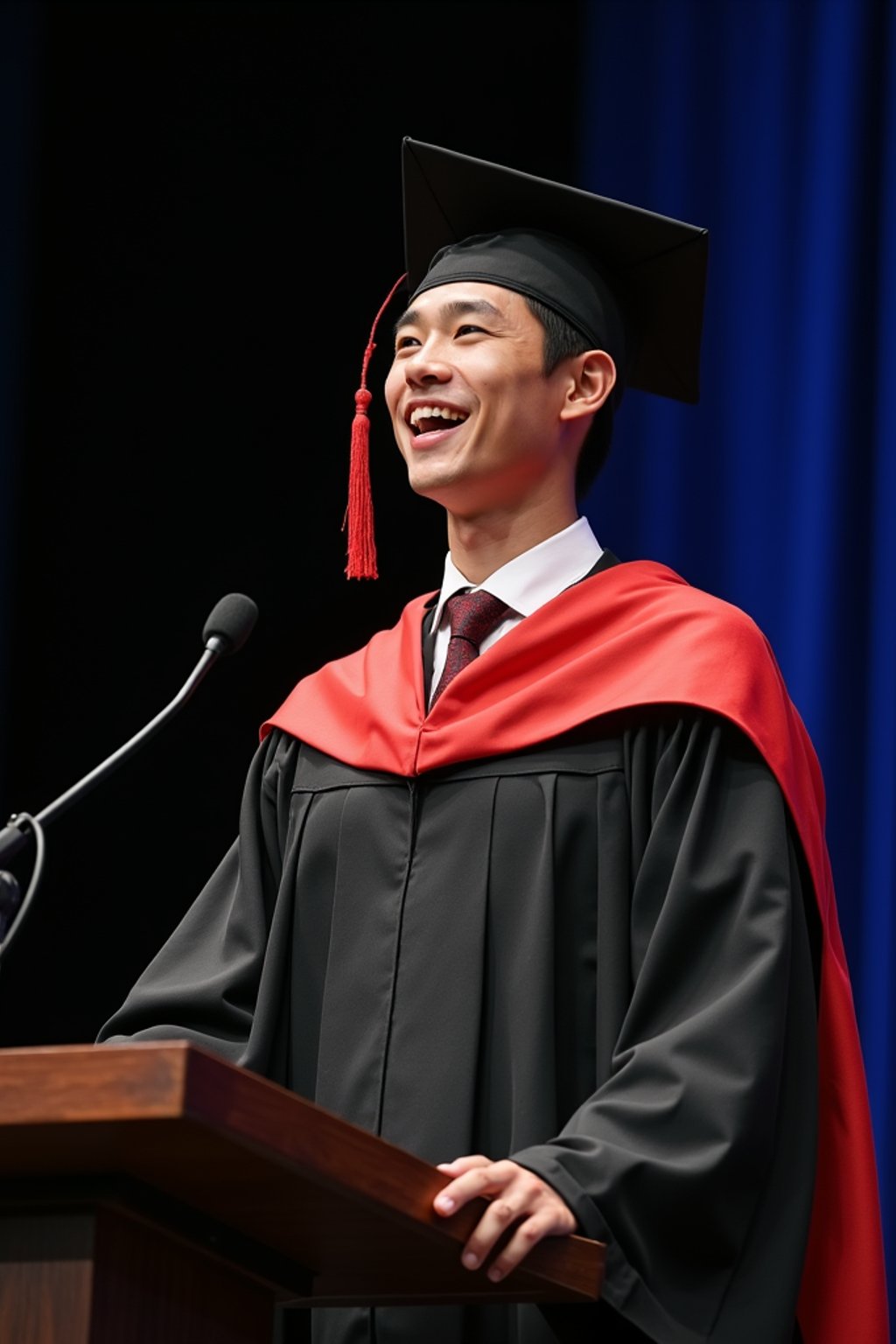 a graduate man in their academic gown at stage to receive their diploma