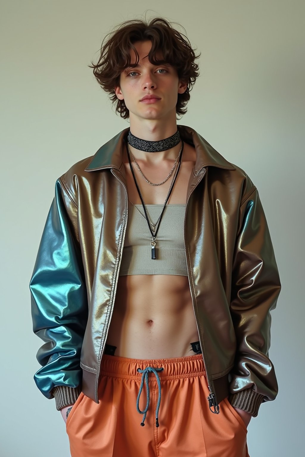 man wearing Y2K aesthetic, 2000s fashion, aughts style, noughties style, grunge or 2000s style, oversized washed out style, baggy pants, low rise pants or cargo pants, crop top, Choker, Metallic, iridescent fabrics, posing for photo