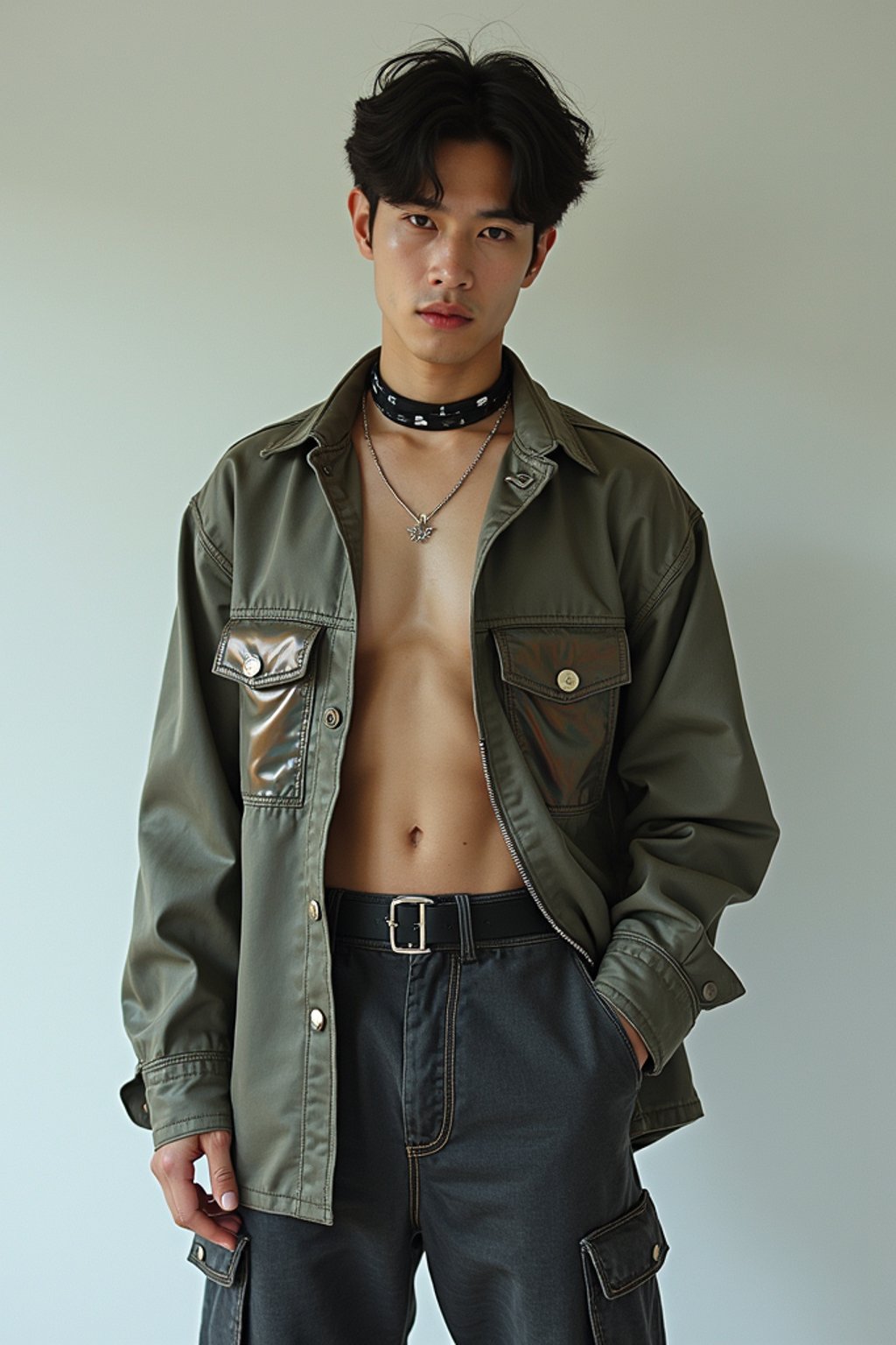 man wearing Y2K aesthetic, 2000s fashion, aughts style, noughties style, grunge or 2000s style, oversized washed out style, baggy pants, low rise pants or cargo pants, crop top, Choker, Metallic, iridescent fabrics, posing for photo