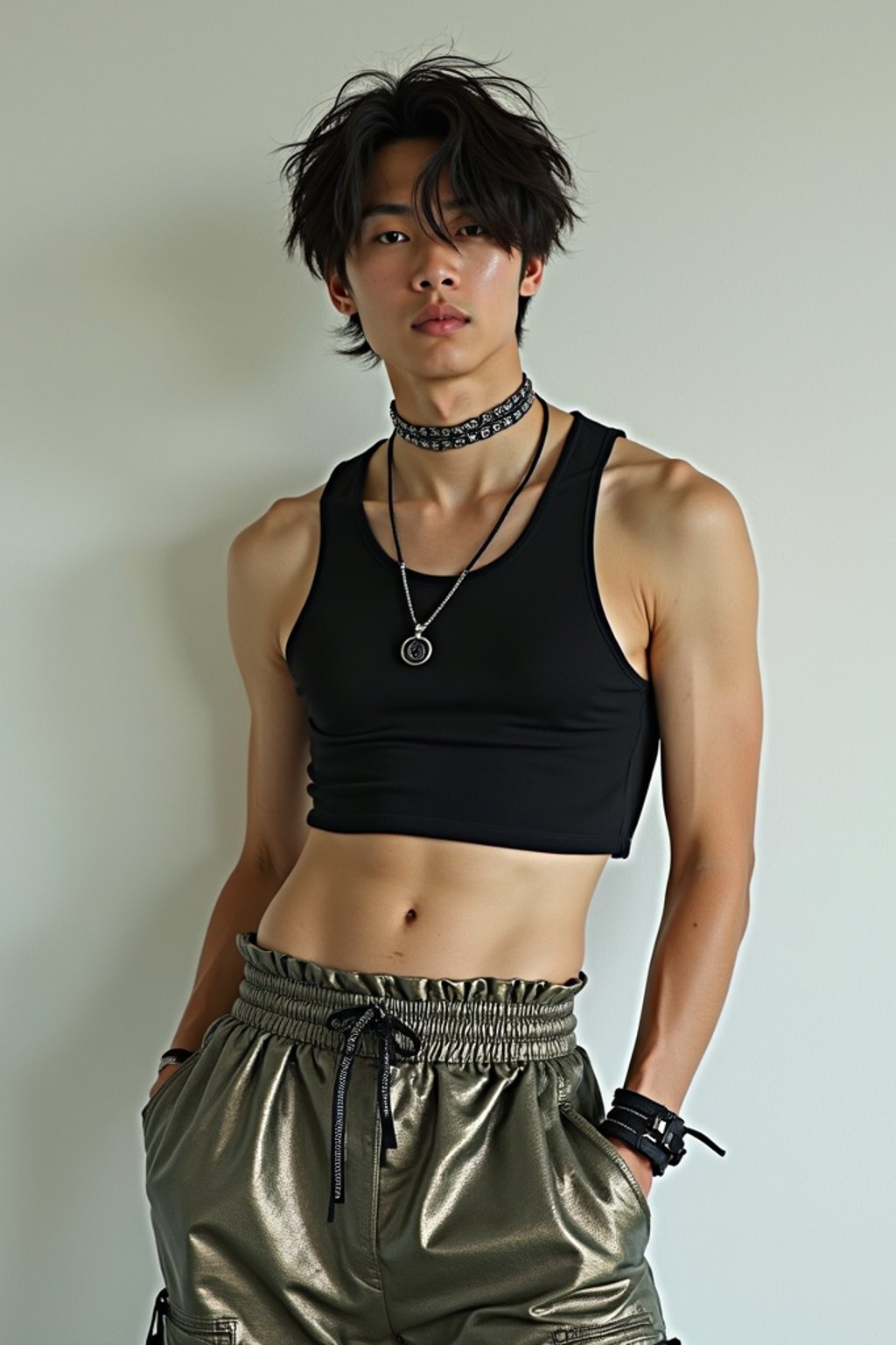 man wearing Y2K aesthetic, 2000s fashion, aughts style, noughties style, grunge or 2000s style, oversized washed out style, baggy pants, low rise pants or cargo pants, crop top, Choker, Metallic, iridescent fabrics, posing for photo