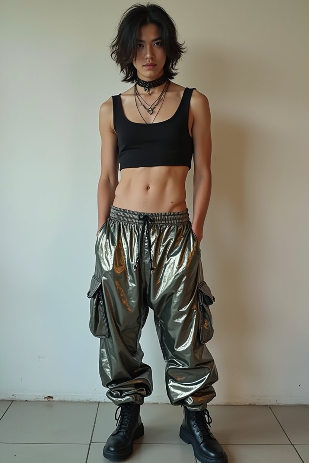 man wearing Y2K aesthetic, 2000s fashion, aughts style, noughties style, grunge or 2000s style, oversized washed out style, baggy pants, low rise pants or cargo pants, crop top, Choker, Metallic, iridescent fabrics, posing for photo